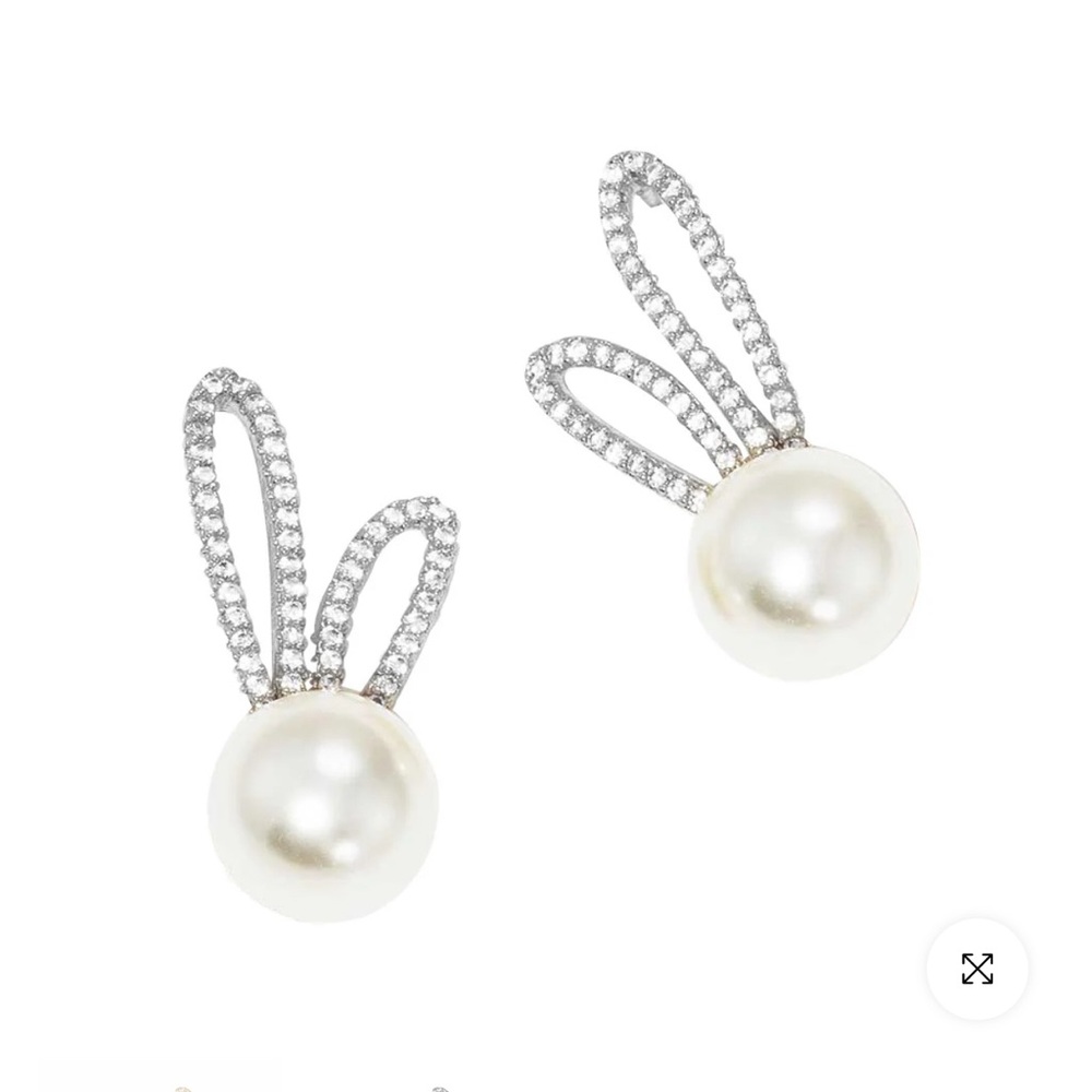 Silver and White Pearl Bunny Earrings with Sparkling Stones